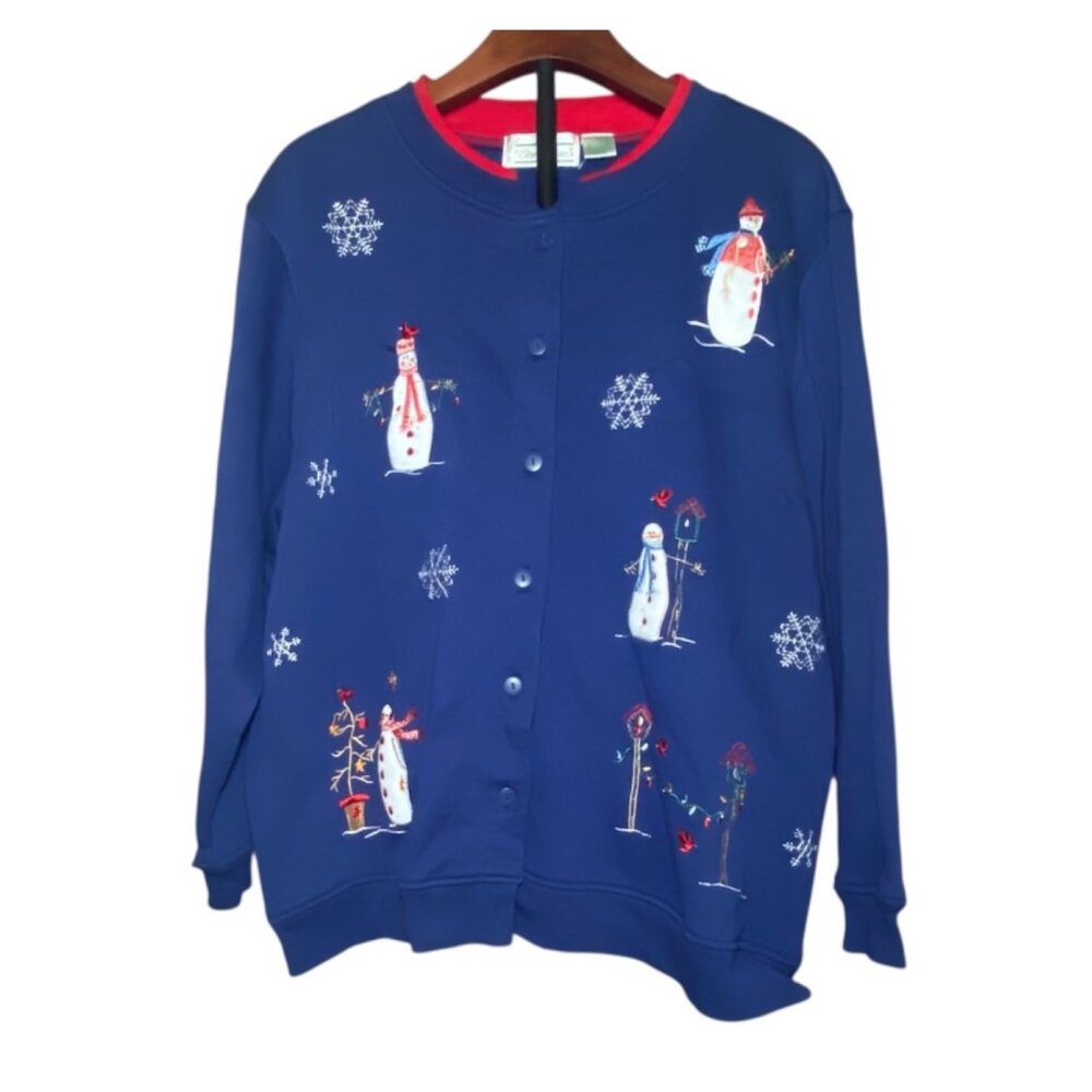 Shenanigans Vtg Womens Blue Sweatshirt Christmas Cardigan Snowman Cozy Holiday